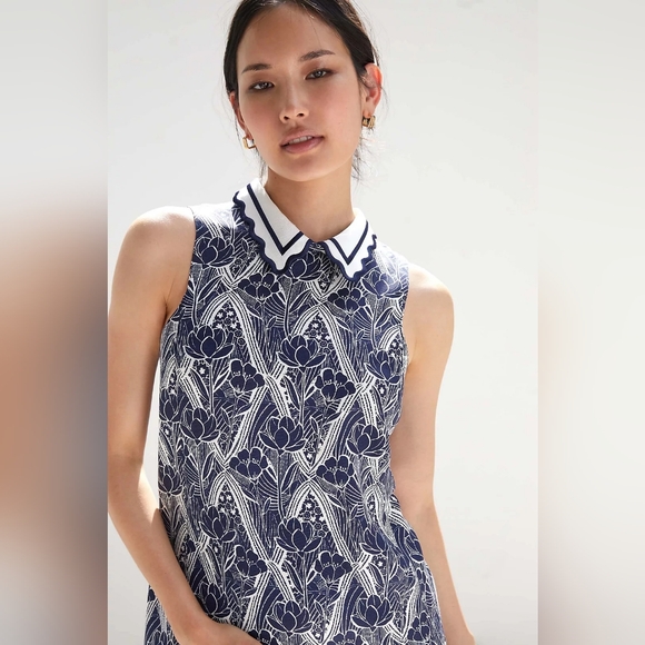 Anthropologie Maeve Lattice Floral Shift Dress Small Petite Navy White - Picture 4 of 11